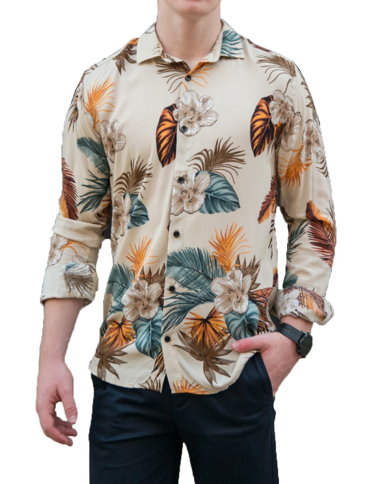 Ανδρικό μπεζ φλοράλ πουκάμισο 0592 φωτογραφία